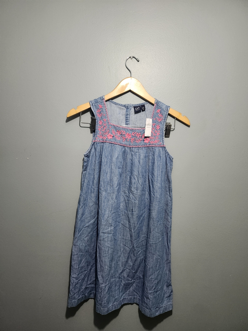 GAP Denim-Look Sundress with Pink Floral Embroidery